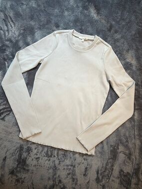 Skin Organic Cotton Ribbed Long Sleeve Top Crew Neck Light Gray Beige Oatmeal